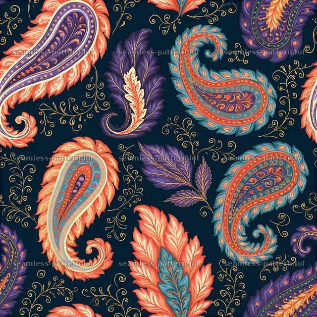 Colorful paisley seamless pattern with detailed leaf shapes — seamless tileable pattern