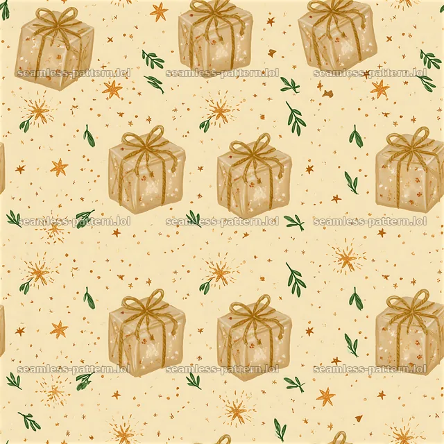 Birthday gift repeat pattern with presents and stars on light background — seamless tileable pattern