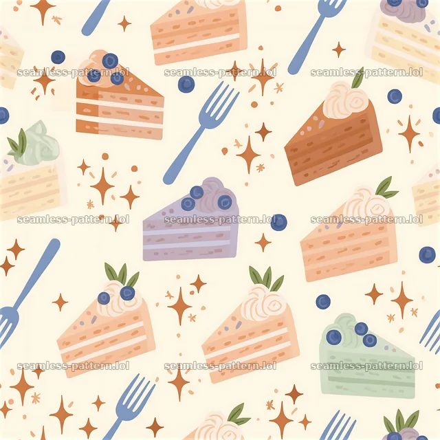 Birthday pastel seamless pattern with cake slices and forks — seamless tileable pattern