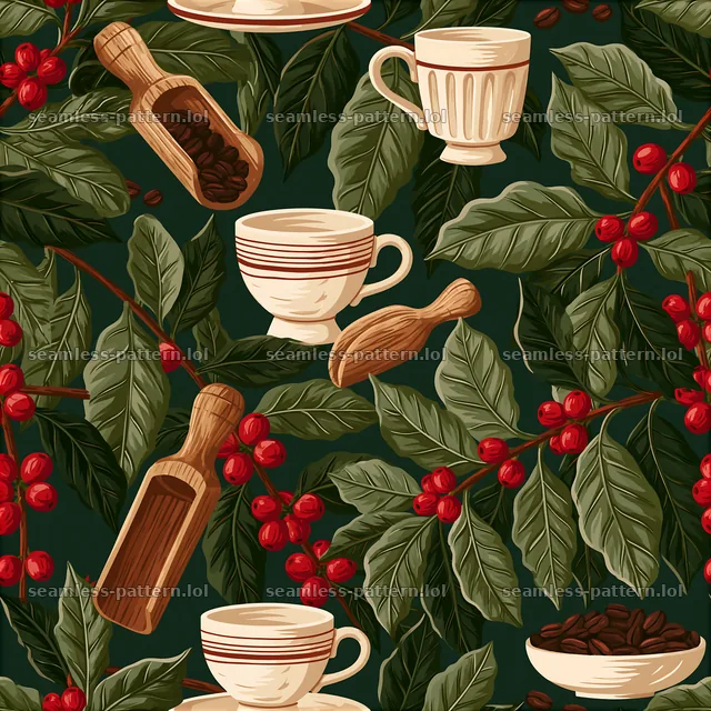 Seamless coffee kitchen pattern with cups and coffee beans on green background — seamless tileable pattern