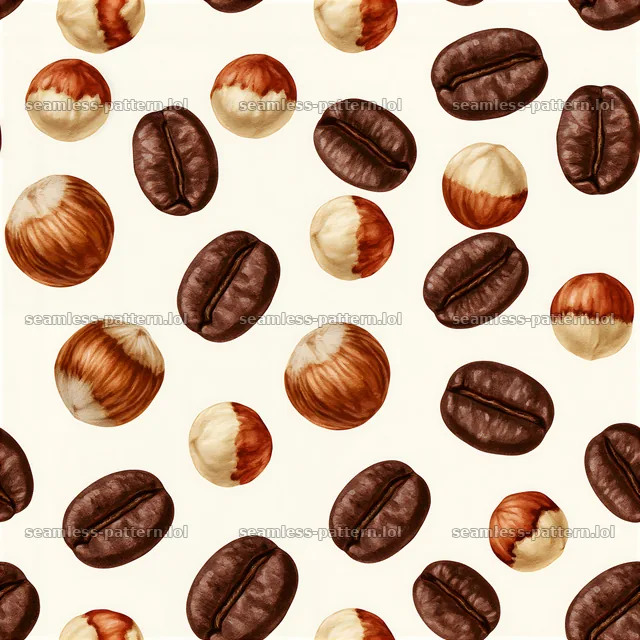Pattern/seamless coffee beans and hazelnuts pattern with bright colors — seamless tileable pattern